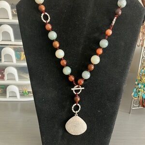 Green and Brown Beaded Necklace with Organic Pendant